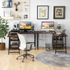 L-shaped corner computer desk in brown with storage shelves, sturdy metal frame, ideal for compact workspaces.