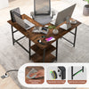 L-shaped corner computer desk in brown with storage shelves, sturdy metal frame, and easy-clean surface for efficient.