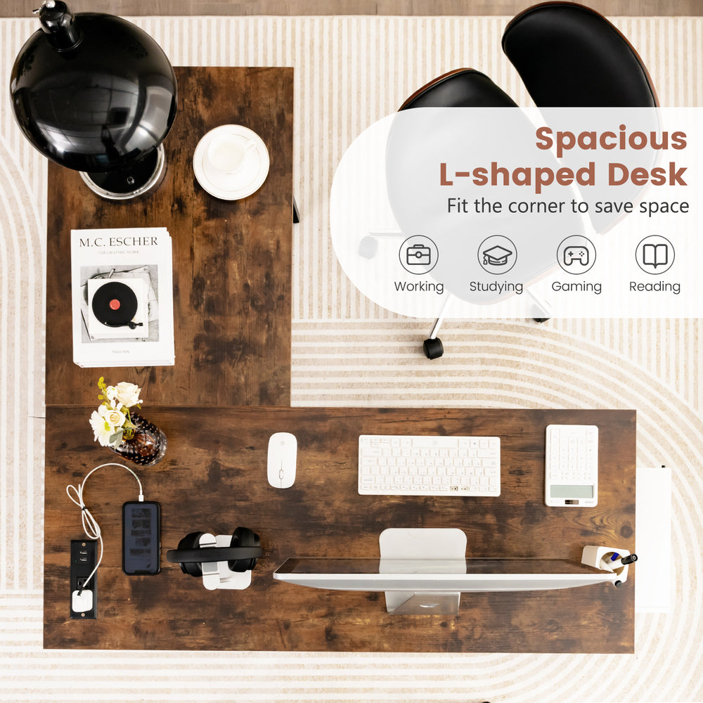 L-shaped corner computer desk in brown with detachable shelf, ideal for working, studying, and gaming in small spaces.