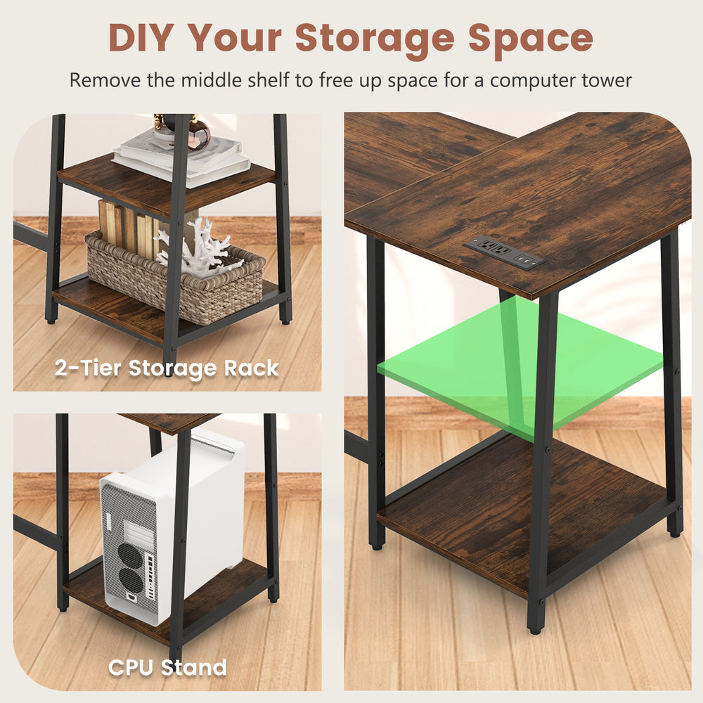 L-shaped corner computer desk in brown with detachable shelf, featuring sturdy metal construction for efficient storage.