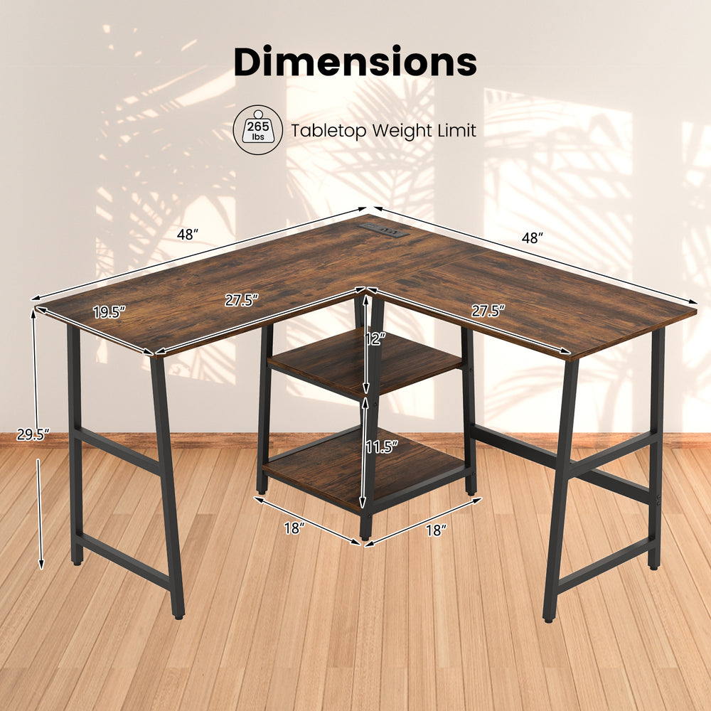 L-shaped corner computer desk in brown with detachable shelf, sturdy steel frame, and dimensions for efficient.