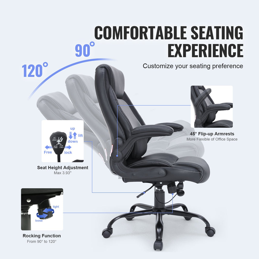 Vevor Executive Office Chair PU Leather with Adjustable Lumbar Support Flip-Up Arms and 300 Lbs Capacity New