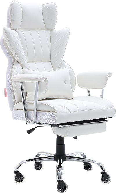 Vevor Reclining Office Chair with Footrest Lumbar Support Heavy Duty PU Leather White New