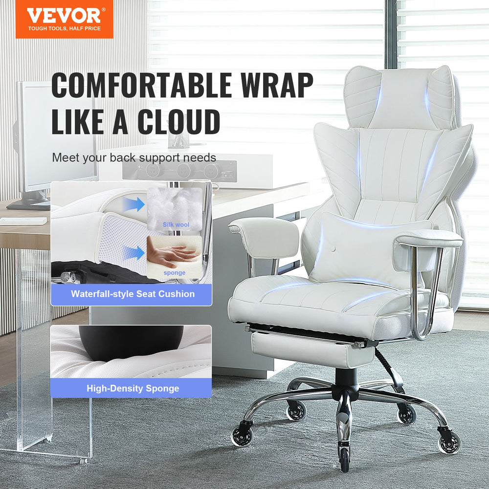 Vevor Reclining Office Chair with Footrest Lumbar Support Heavy Duty PU Leather White New