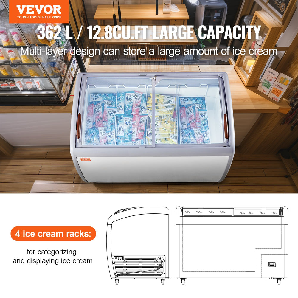 Vevor Ice Cream Display Commercial Freezer 12.8 Cu. Ft. with 4 Wire Baskets and Sliding Glass Doors New