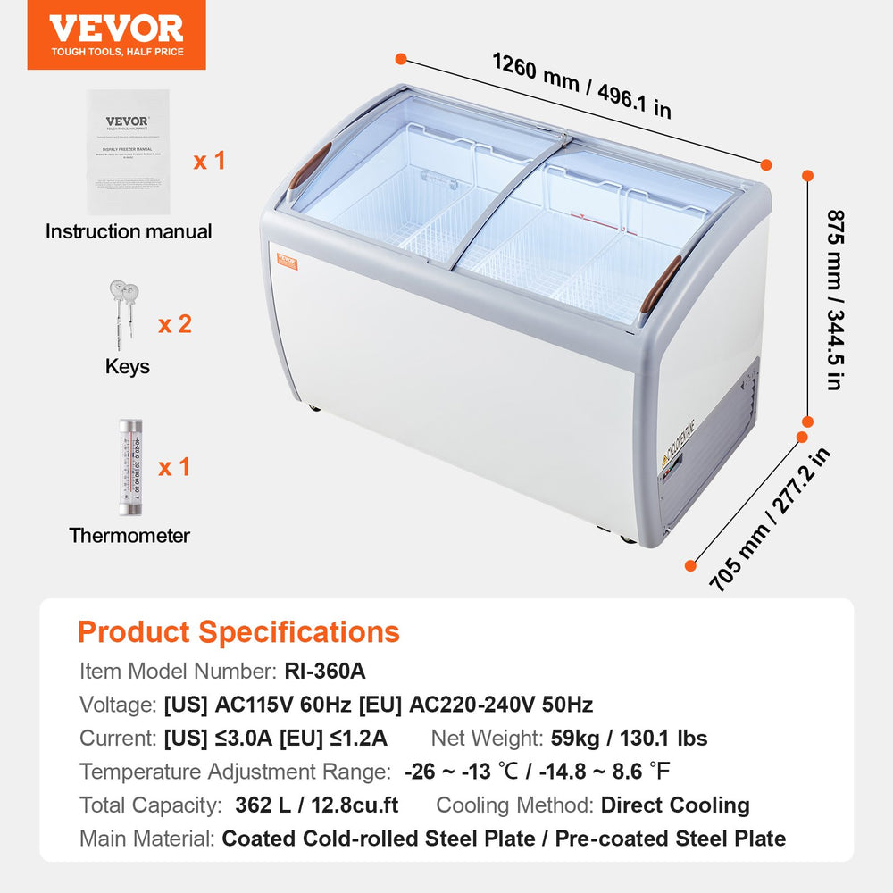 Vevor Ice Cream Display Commercial Freezer 12.8 Cu. Ft. with 4 Wire Baskets and Sliding Glass Doors New