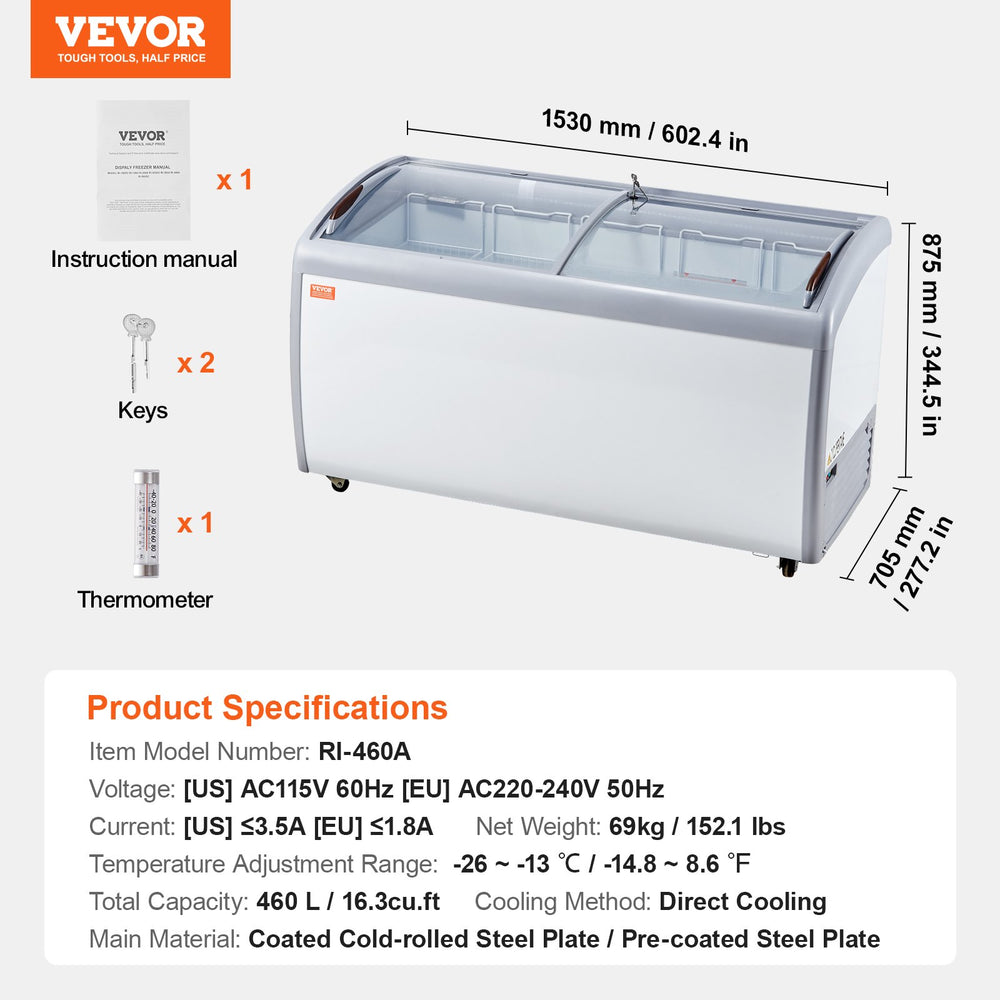 Vevor Ice Cream Display Commercial Freezer 16.3 Cu. Ft. with 5 Wire Baskets and Sliding Glass Doors New