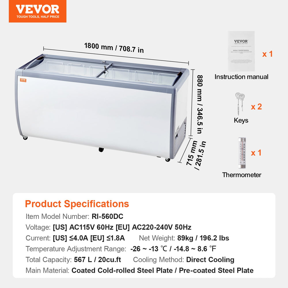 Vevor Ice Cream Display Commercial Freezer 20 Cu. Ft. Holds 12 Tubs with Sliding Glass Doors New