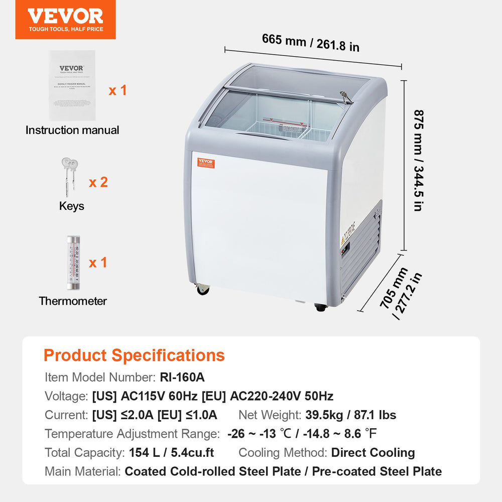 Vevor Ice Cream Display Commercial Freezer 5.4 Cu. Ft. with 2 Wire Baskets and Sliding Glass Doors New