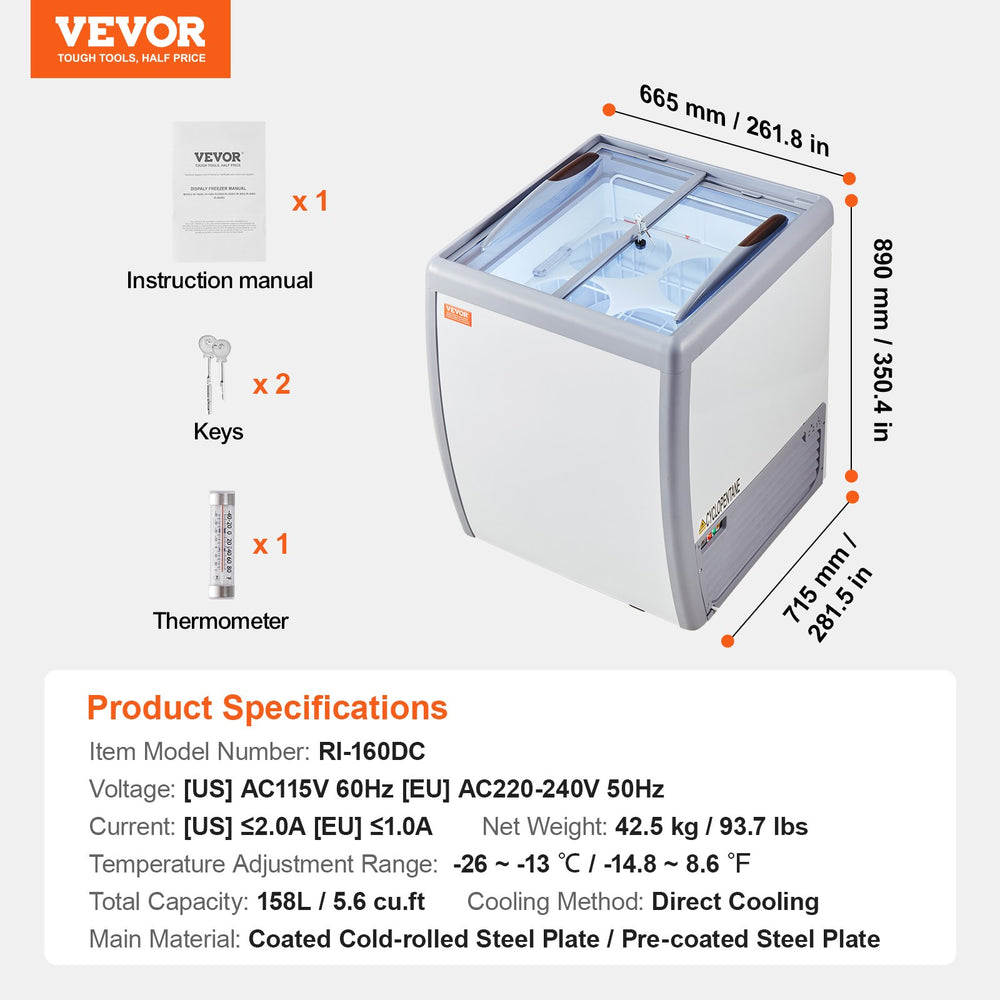 Vevor Ice Cream Display Commercial Freezer 5.6 Cu. Ft. Holds 4 Tubs with Sliding Glass Doors New