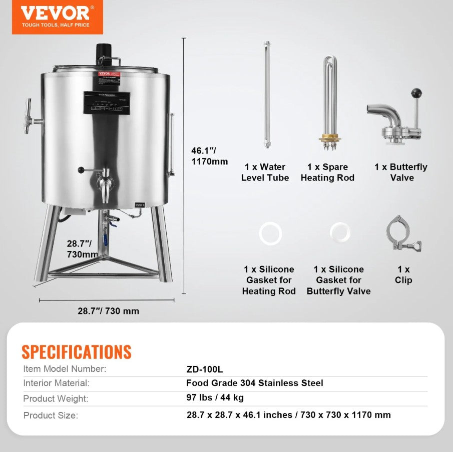 Vevor Commercial Milk Pasteurizer 26.4 Gal Stainless Steel Auto Temp Control 220V 3-Phase New