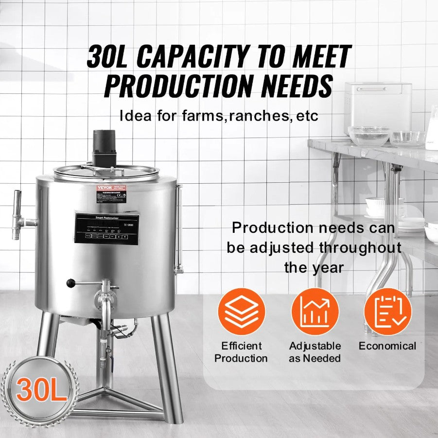 Vevor Commercial Milk Pasteurizer 7.9 Gal Stainless Steel for Milk and Plant-Based Alternatives New