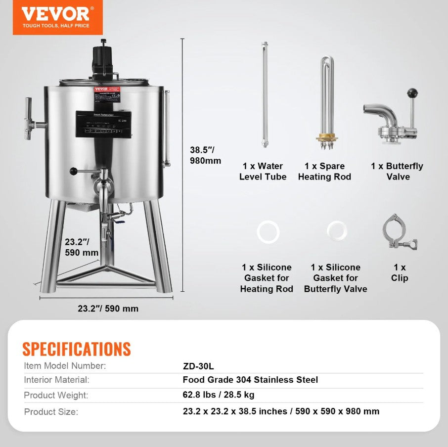 Vevor Commercial Milk Pasteurizer 7.9 Gal Stainless Steel for Milk and Plant-Based Alternatives New
