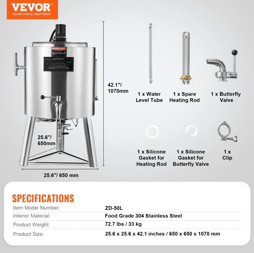 Vevor Commercial Milk Pasteurization Machine 13.2 Gal Stainless Steel New