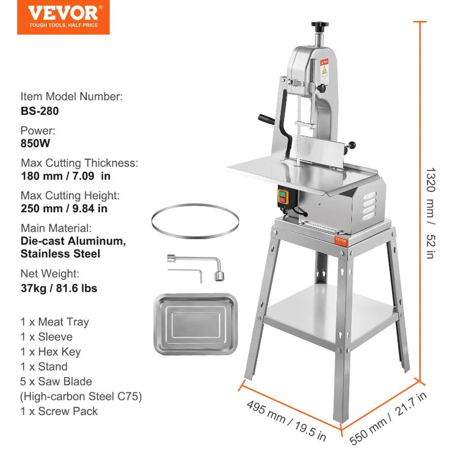 Vevor Electric Meat Bandsaw 850W Commercial Stainless Steel 7.09" Cut Thickness New