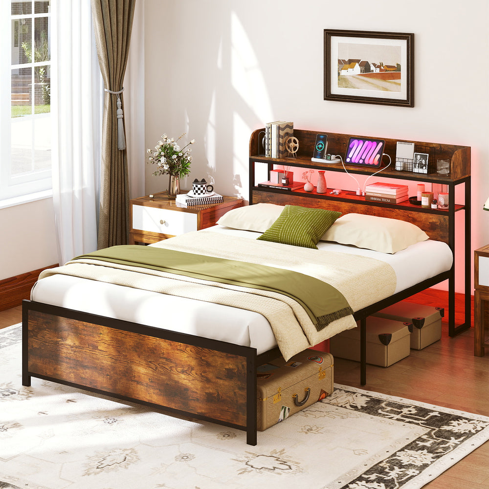 Full-size LED bed frame with storage headboard, built-in power outlets, and adjustable color lighting for modern.