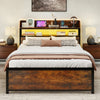 Full-size LED bed frame with storage headboard, power outlets, and adjustable lighting for a modern bedroom setup.