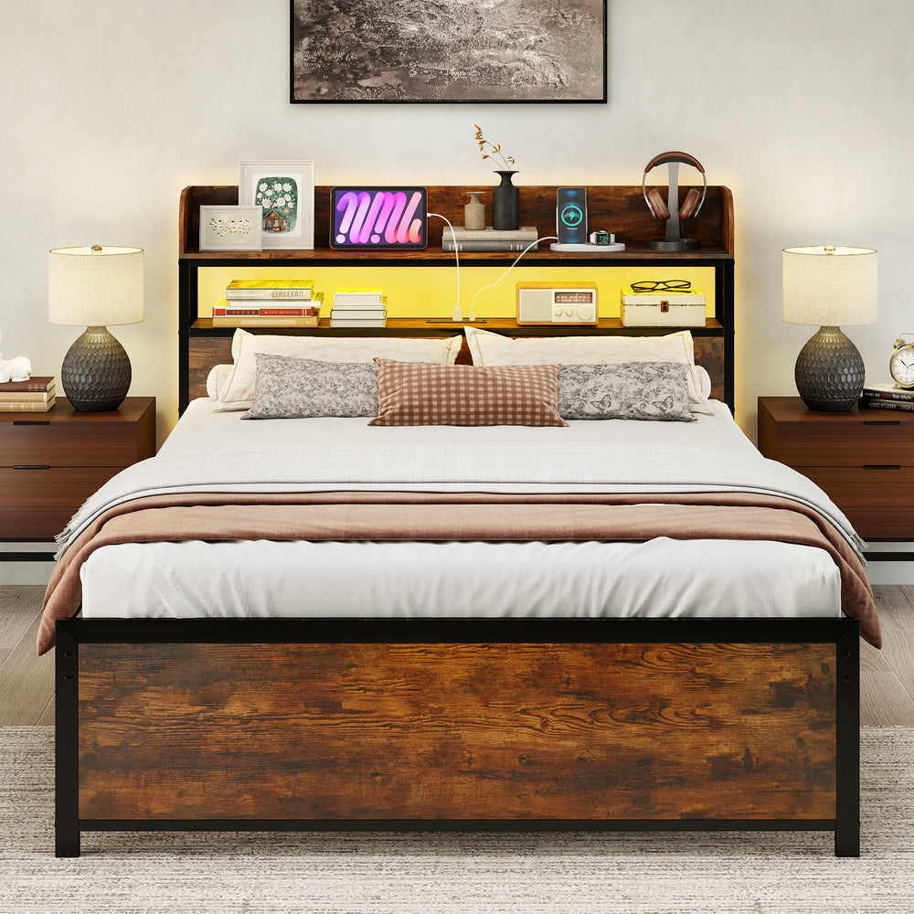 Full-size LED bed frame with storage headboard, power outlets, and adjustable lighting for a modern bedroom setup.