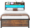 Full-size LED bed frame with storage headboard, power outlets, and adjustable colors for a modern bedroom setup.