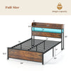 Full-size LED bed frame with storage headboard, power outlets, and adjustable colors, designed for easy assembly and.