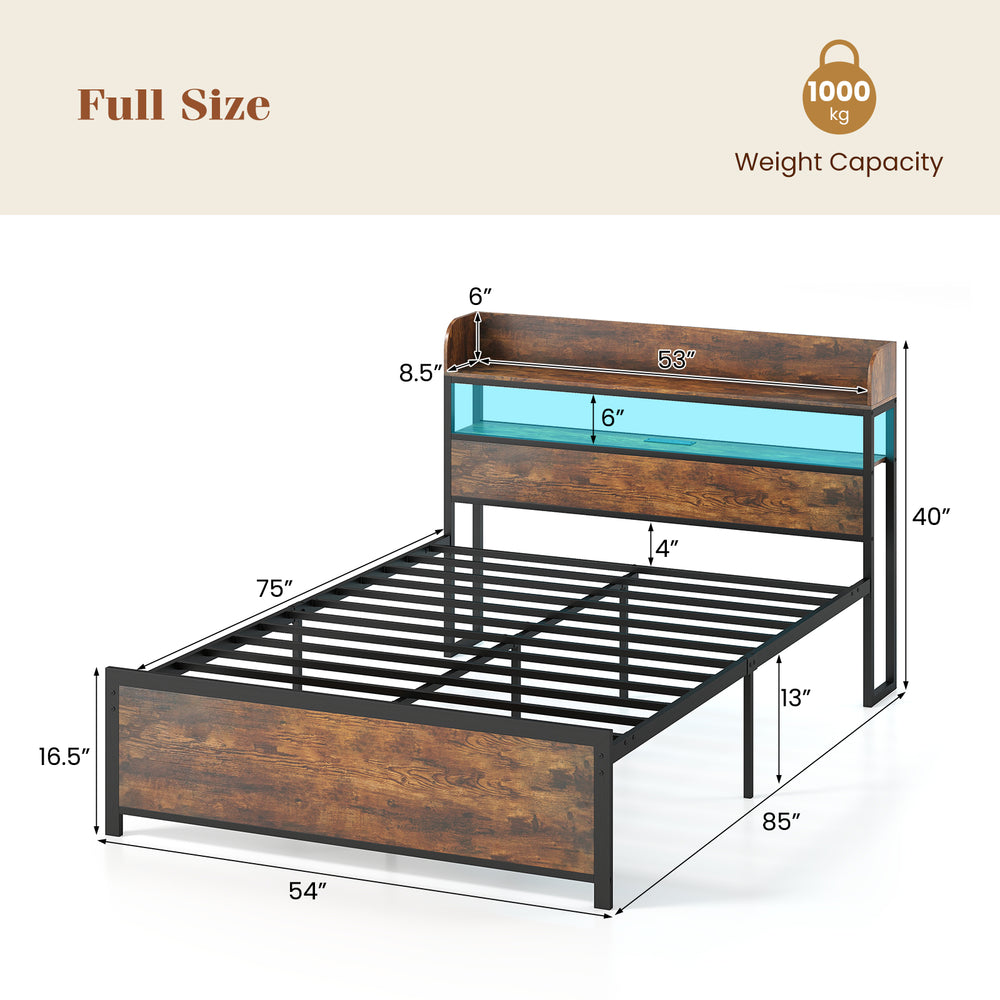 Full-size LED bed frame with storage headboard, power outlets, and adjustable colors, designed for easy assembly and.