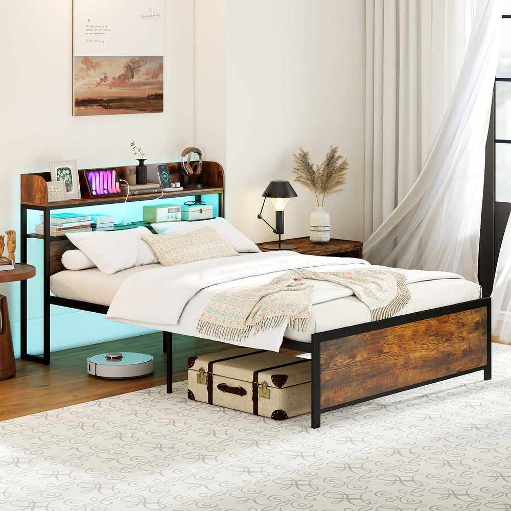 Close-up of the LED bed frame's storage headboard showcasing open shelves and built-in power outlets for convenience.