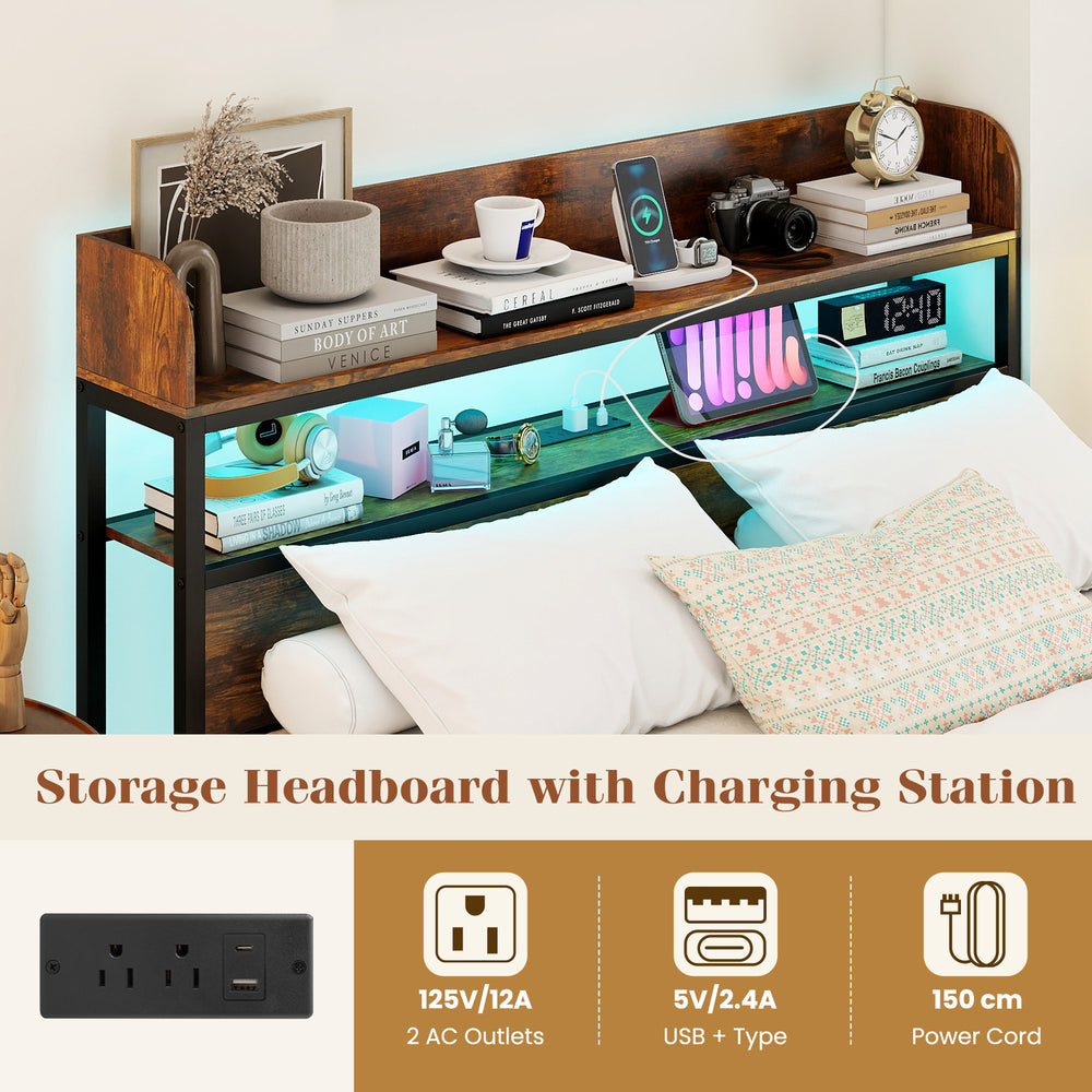 Storage headboard with LED lighting, power outlets, and open shelves for devices, perfect for a full-size bed setup.