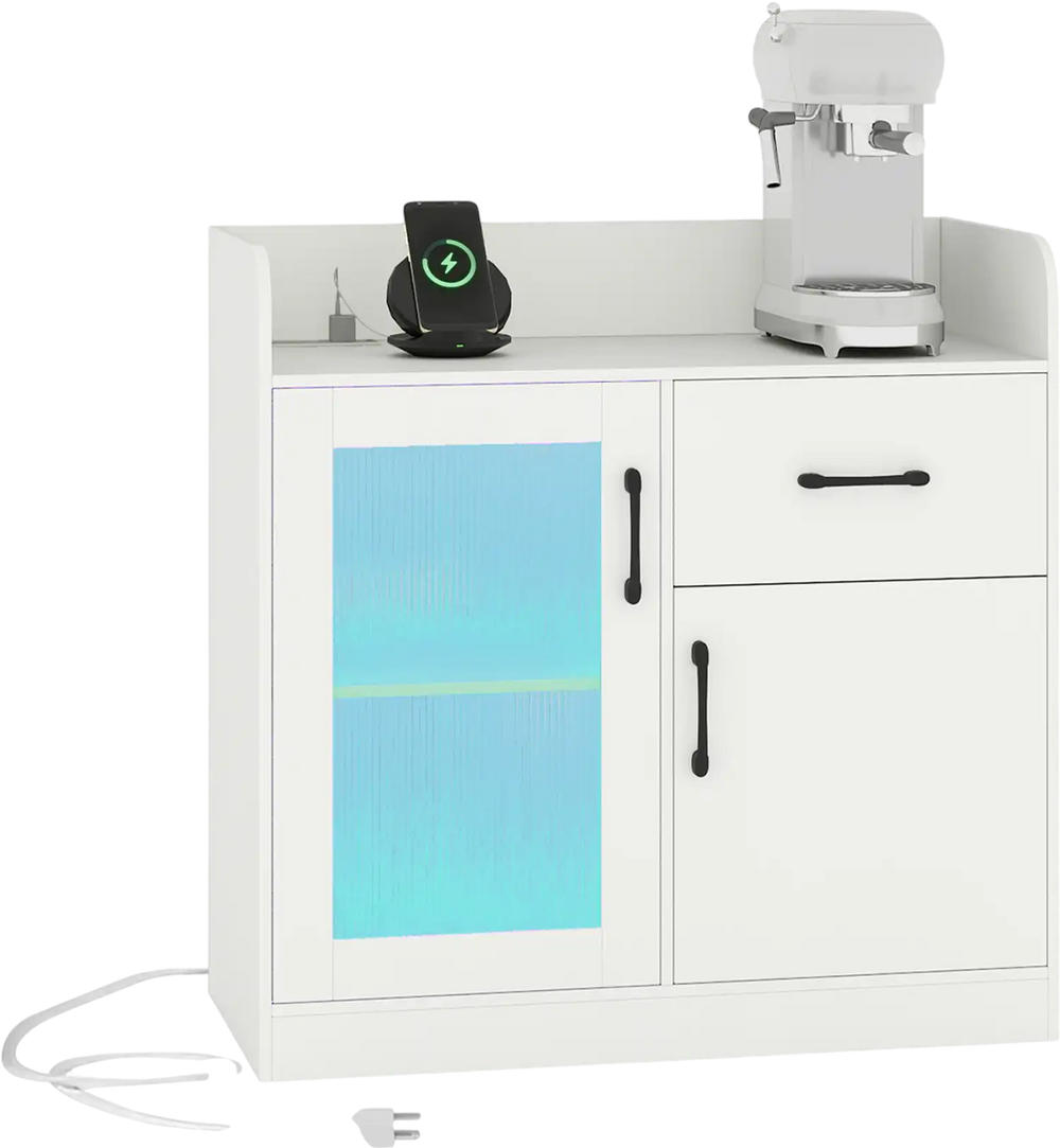 LED buffet sideboard in white with charging station, translucent fluted door, and spacious drawer for organized storage.