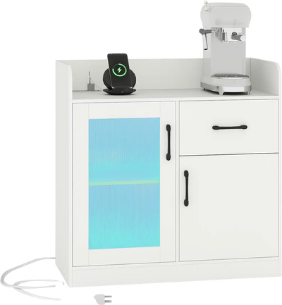 Costway LED Buffet Sideboard Cabinet w/ Charging Station Drawer Fluted Door 55467814 New