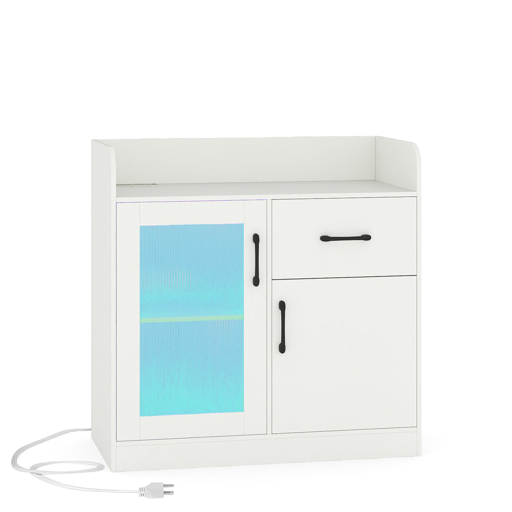 LED buffet sideboard in white with translucent fluted door, drawer, and built-in charging station for versatile storage.