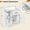 Dimensions of the LED buffet sideboard with charging station, drawer, and translucent fluted door in white.