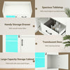 LED buffet sideboard in white featuring a spacious tabletop, handy storage drawer, and translucent fluted door for.