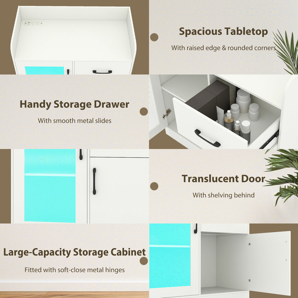 LED buffet sideboard in white featuring a spacious tabletop, handy storage drawer, and translucent fluted door for.