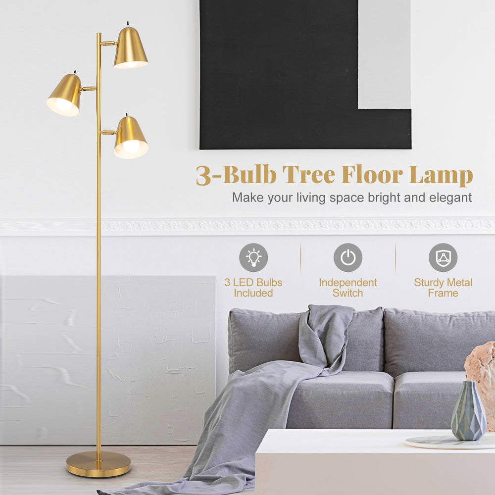 64-inch golden 3-light floor lamp with rotatable shades, ideal for living room or bedroom lighting and decor.