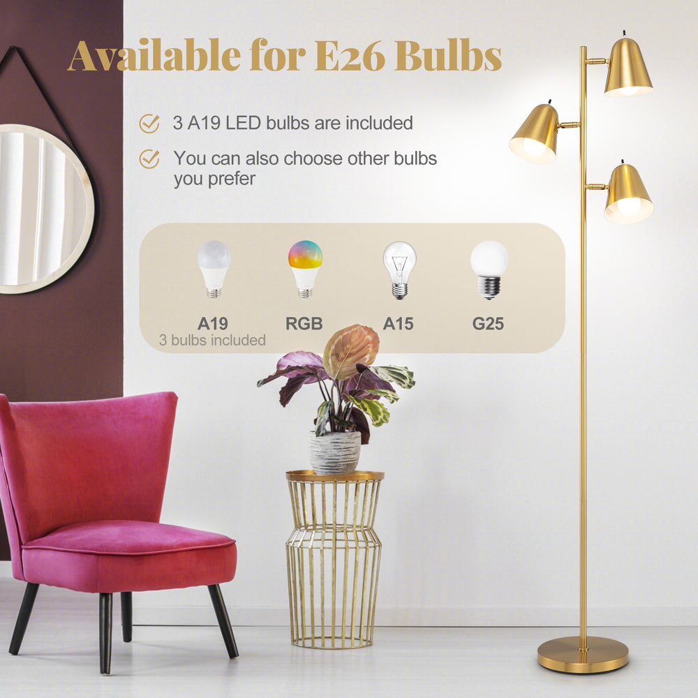 64-inch golden 3-light floor lamp with rotatable shades, includes 3 LED bulbs, perfect for living room or bedroom.