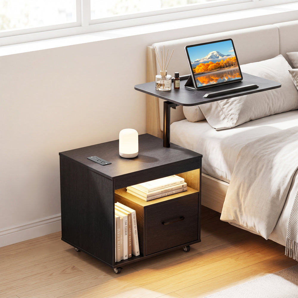 LED Nightstand with Power Outlets Modern Bedside Table with Flip over-Black - Gallery View 1 of 10