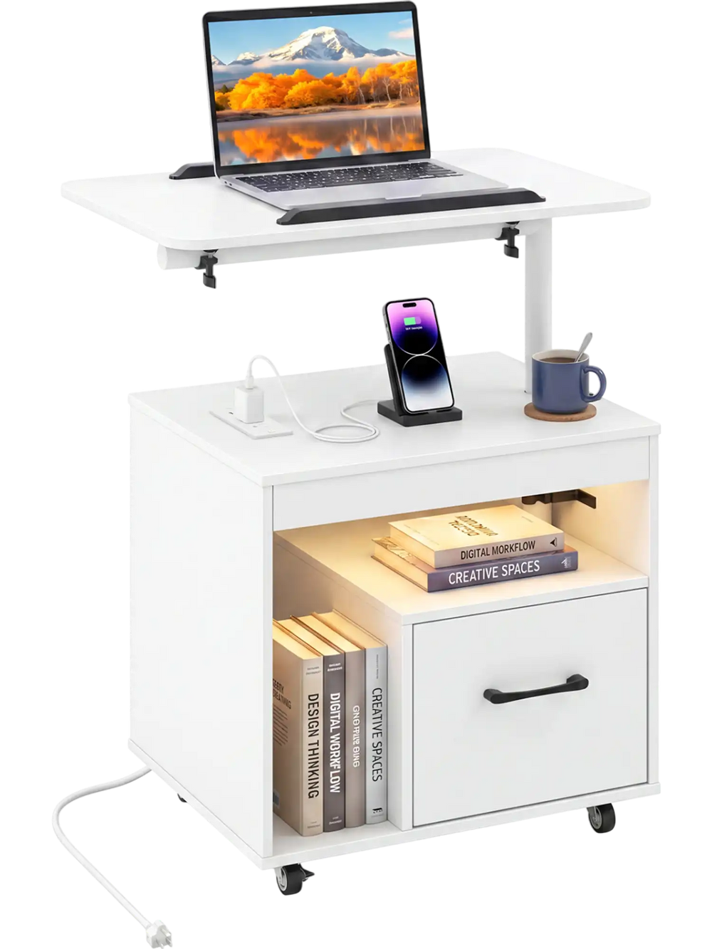 Modern white LED nightstand with flip-over tabletop, power outlets, drawer, and wheels for versatile bedroom use.