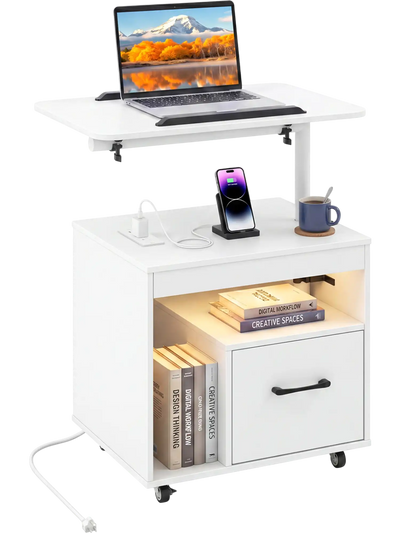 Costway LED Nightstand Bedside Table with Power Outlets Flip Top 62597278 New