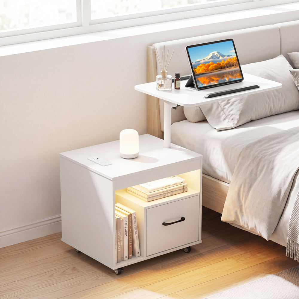 LED nightstand with flip-over tabletop, power outlets, and drawer for organized storage in modern white design.