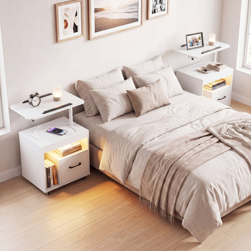 Modern LED nightstand in white with flip-over tabletop, power outlets, and organized storage for bedroom convenience.