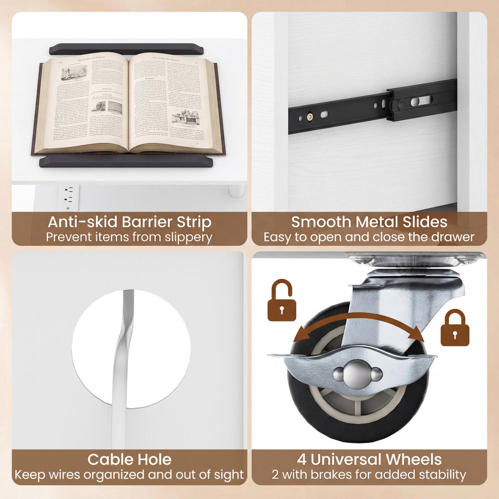 Anti-skid barrier strip and smooth metal slides on the LED nightstand for easy drawer access and item stability.