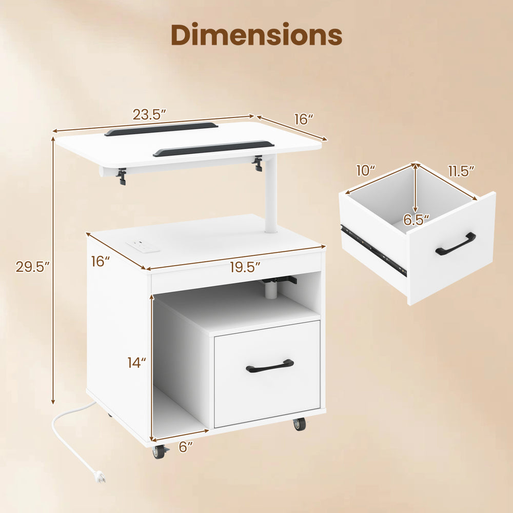 LED nightstand with dimensions, featuring a flip-over tabletop, drawer, and power outlets for versatile use.