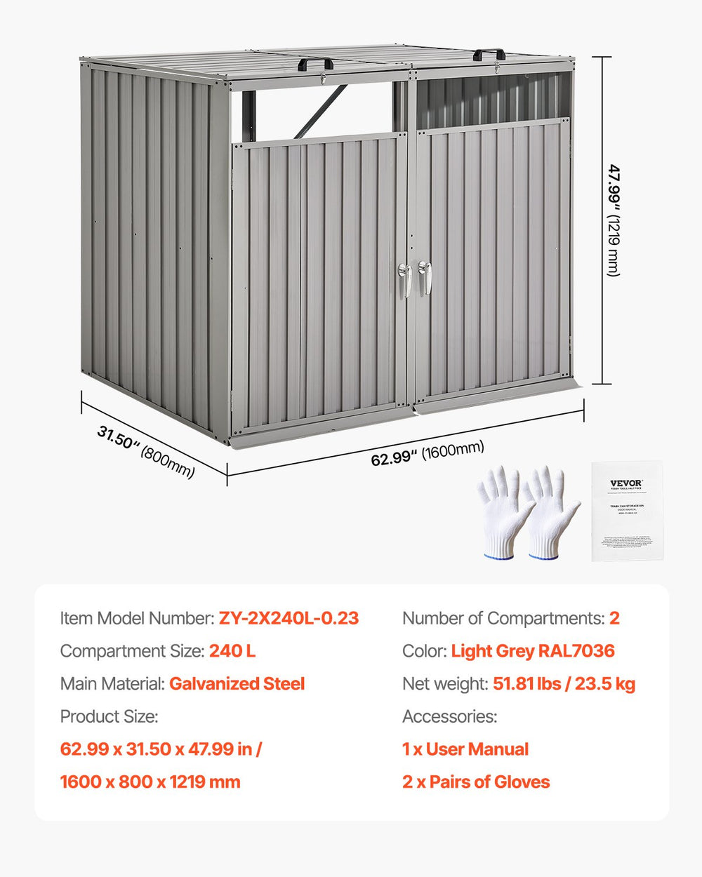 Vevor Trash Can Storage Shed for Two 52.79 Gallon Bins with Lockable Doors and Easy Access Entry New
