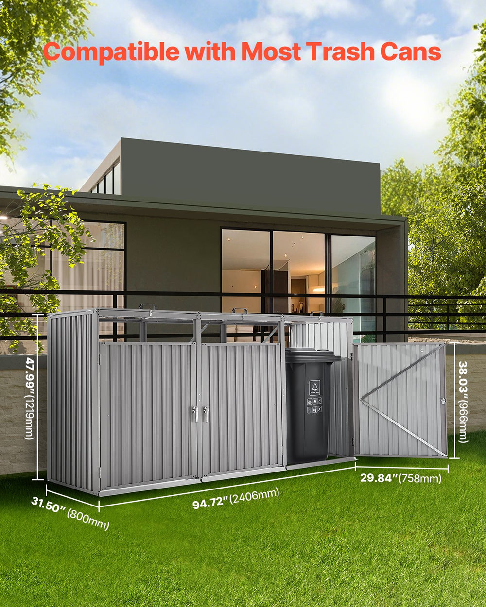Vevor Trash Can Storage Shed for Three 52.79 Gallon Bins with Lockable Doors and Easy Access Entry New