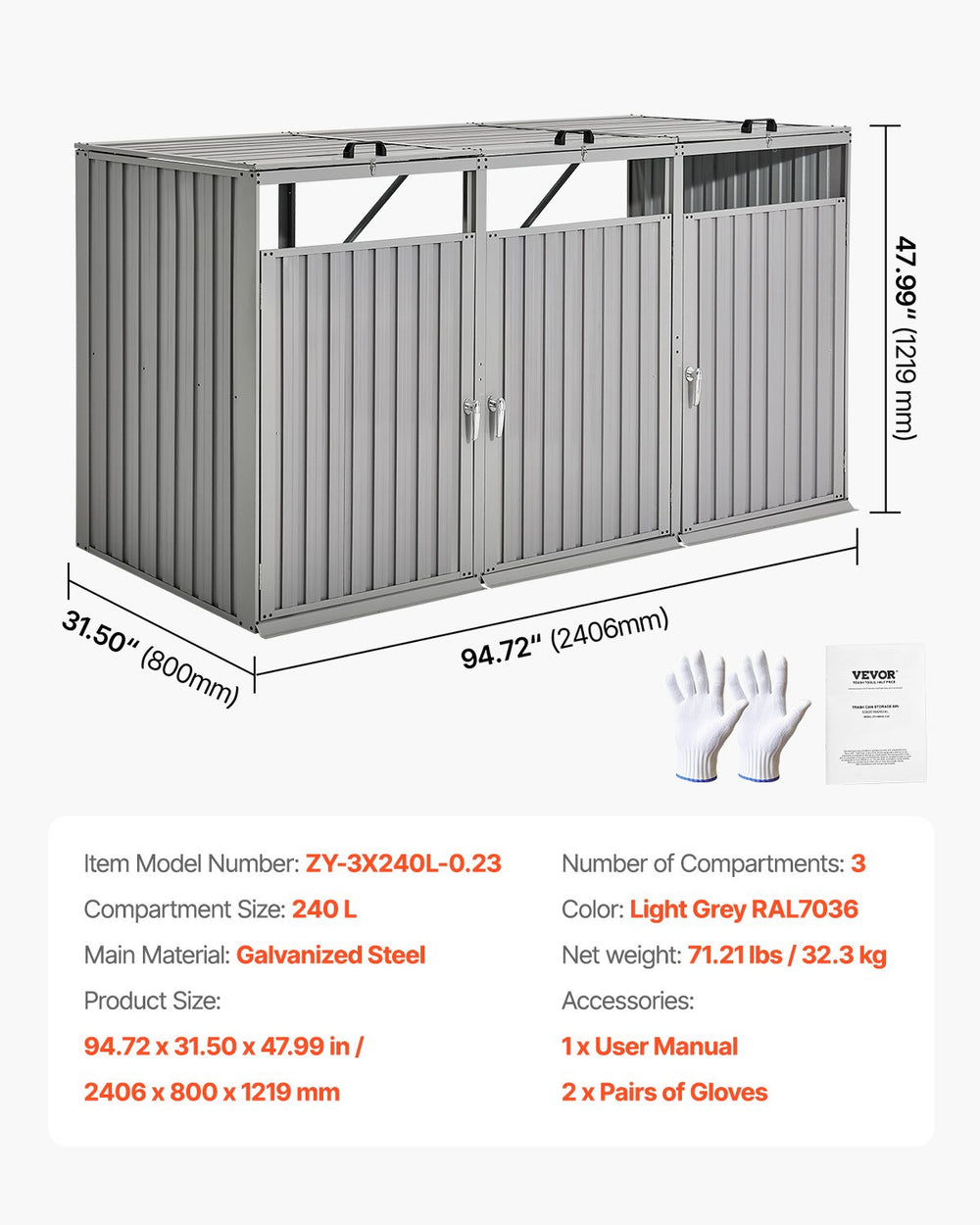 Vevor Trash Can Storage Shed for Three 52.79 Gallon Bins with Lockable Doors and Easy Access Entry New