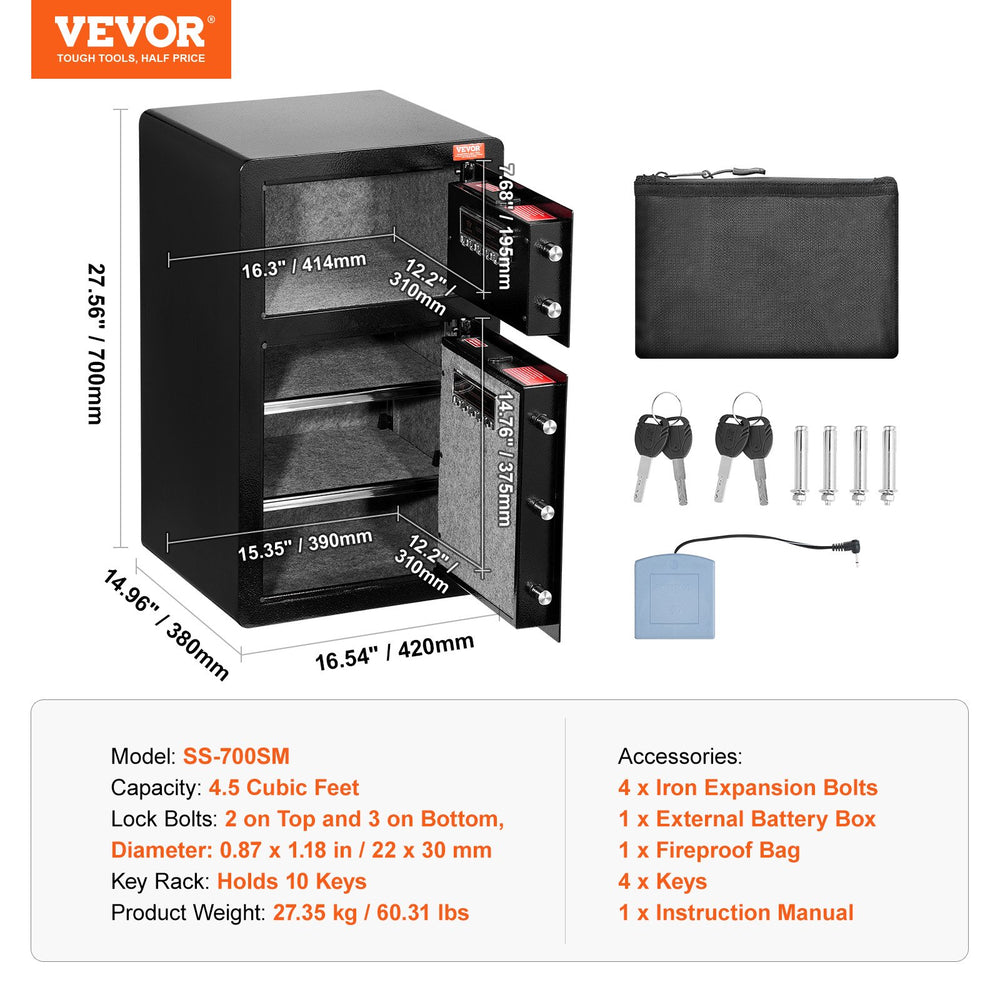 Vevor Safe Box 4.5 Cu. Ft. Double Door 5 Lock Bolts LED Light Dual Alarm System Key Lock and Password New