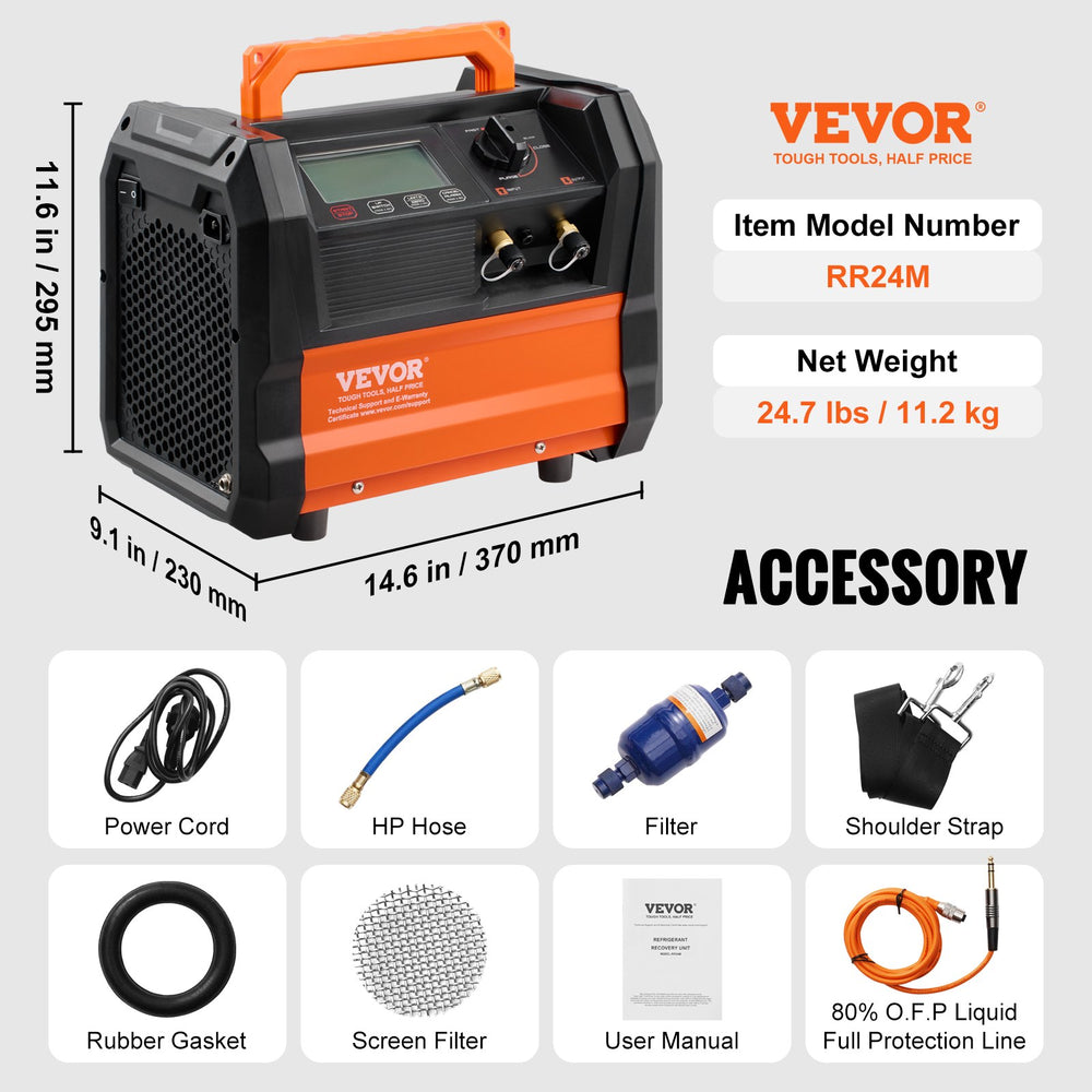 Vevor Refrigerant Recovery Machine 1HP Dual Cylinder Brushless Portable AC New