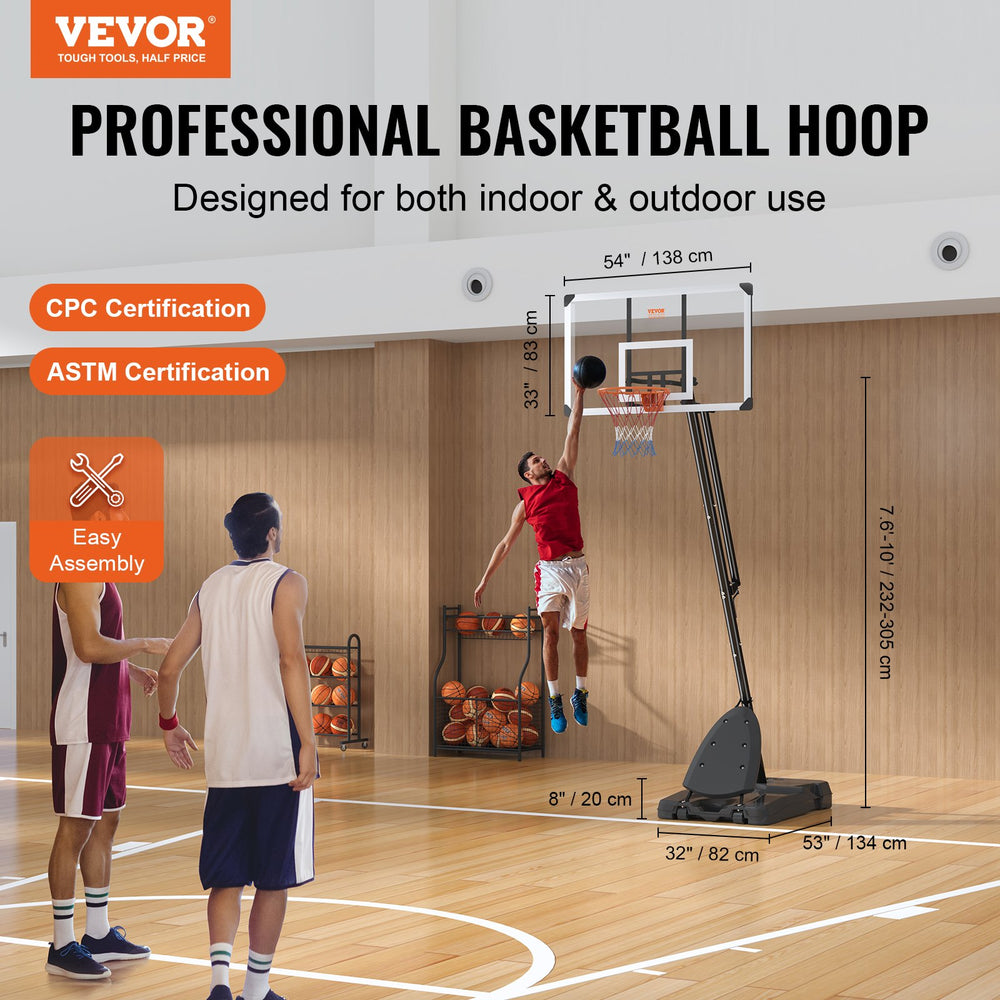 Vevor Basketball Hoop 7.6' to 10' Adjustable Height 54" Backboard with Stand Wheels and Fillable Base New