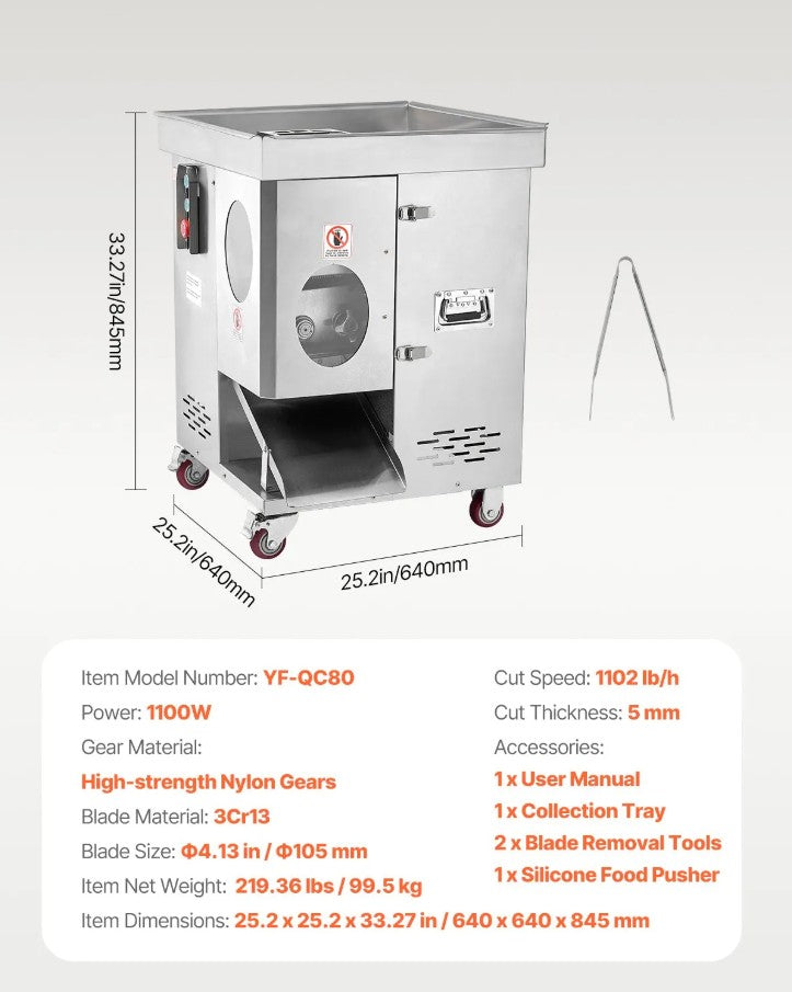 Vevor Commercial Electric Meat Slicer 1100W 5mm Blade 1102 Lb/H Output New