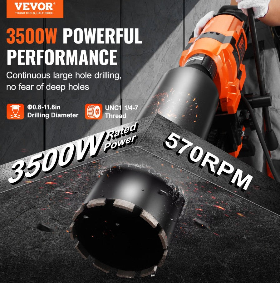 Vevor Diamond Core Drill Rig 3500W with Stand 0.8"–11.8" Capacity Wet and Dry Cutting New